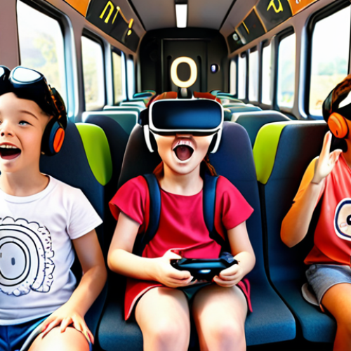 **

A group of diverse children joyfully interacting with Titippo characters on a train inside a VR headset, surrounded by floating educational elements like numbers and letters. The scene blends vibrant cartoon animation with realistic virtual reality rendering, showcasing the immersive and educational nature of VR learning.

**