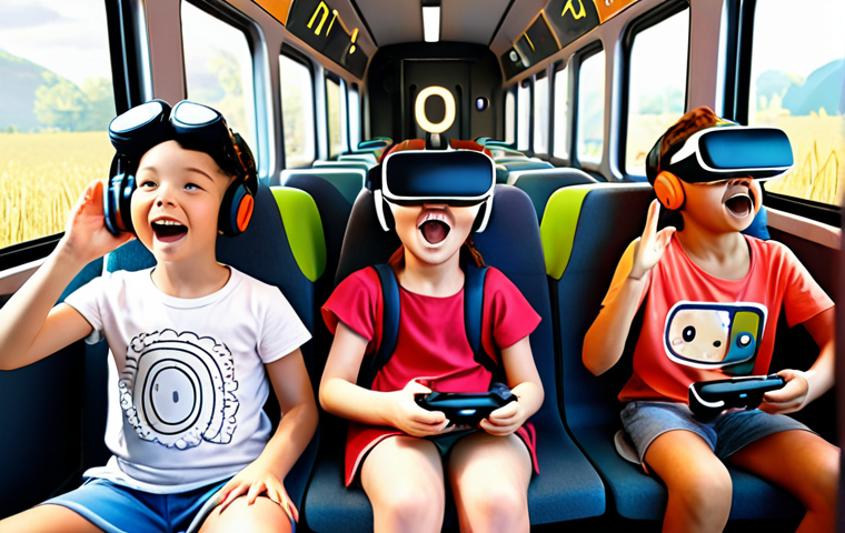 **
A group of diverse children joyfully interacting with Titippo characters on a train inside a VR headset, surrounded by floating educational elements like numbers and letters. The scene blends vibrant cartoon animation with realistic virtual reality rendering, showcasing the immersive and educational nature of VR learning.
**