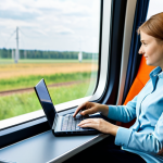 A professional woman in modest business casual attire, seated comfortably by a window in a modern, clean PKP Intercity train interior, quietly working on a laptop. The train cabin is spacious and well-lit, with a glimpse of a blurred, vibrant Polish landscape outside the window. The image conveys productivity and serene comfort. professional photography, high quality, perfect anatomy, correct proportions, natural pose, well-formed hands, proper finger count, natural body proportions, fully clothed, modest clothing, appropriate attire, professional dress, safe for work, appropriate content, family-friendly.