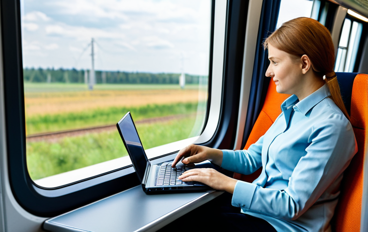 A professional woman in modest business casual attire, seated comfortably by a window in a modern, clean PKP Intercity train interior, quietly working on a laptop. The train cabin is spacious and well-lit, with a glimpse of a blurred, vibrant Polish landscape outside the window. The image conveys productivity and serene comfort. professional photography, high quality, perfect anatomy, correct proportions, natural pose, well-formed hands, proper finger count, natural body proportions, fully clothed, modest clothing, appropriate attire, professional dress, safe for work, appropriate content, family-friendly.