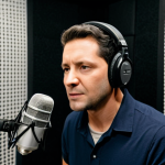 A professional voice actor, fully clothed in modest studio attire, intently speaking into a high-quality studio microphone in a soundproof recording booth. The actor's face shows a focused expression, conveying nuanced emotion. The background features acoustic foam panels and subtle studio lighting. safe for work, appropriate content, family-friendly, perfect anatomy, correct proportions, natural pose, well-formed hands, proper finger count, natural body proportions, professional studio photography, high resolution, ultra-detailed.