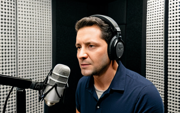 A professional voice actor, fully clothed in modest studio attire, intently speaking into a high-quality studio microphone in a soundproof recording booth. The actor's face shows a focused expression, conveying nuanced emotion. The background features acoustic foam panels and subtle studio lighting. safe for work, appropriate content, family-friendly, perfect anatomy, correct proportions, natural pose, well-formed hands, proper finger count, natural body proportions, professional studio photography, high resolution, ultra-detailed.